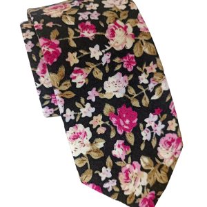 corbata hombre algodon negra flores rosadas
