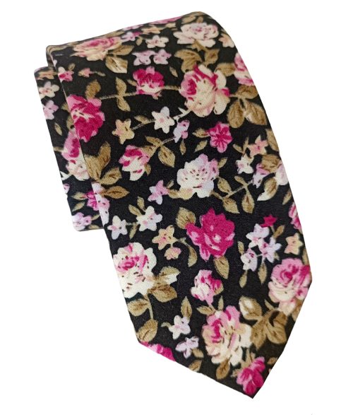corbata hombre algodon negra flores rosadas