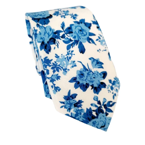 corbata algodon blanca flores azul