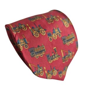 Corbata seda roja vintage estampada trencitos