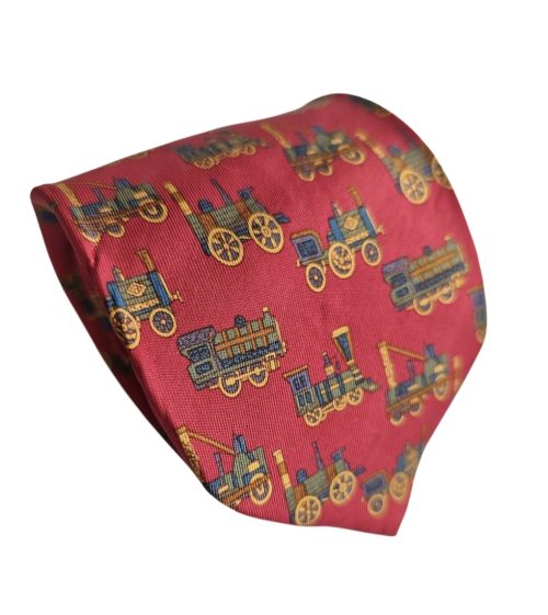 Corbata seda roja vintage estampada trencitos