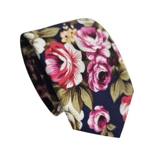 corbata algodón flores fondo azul marino